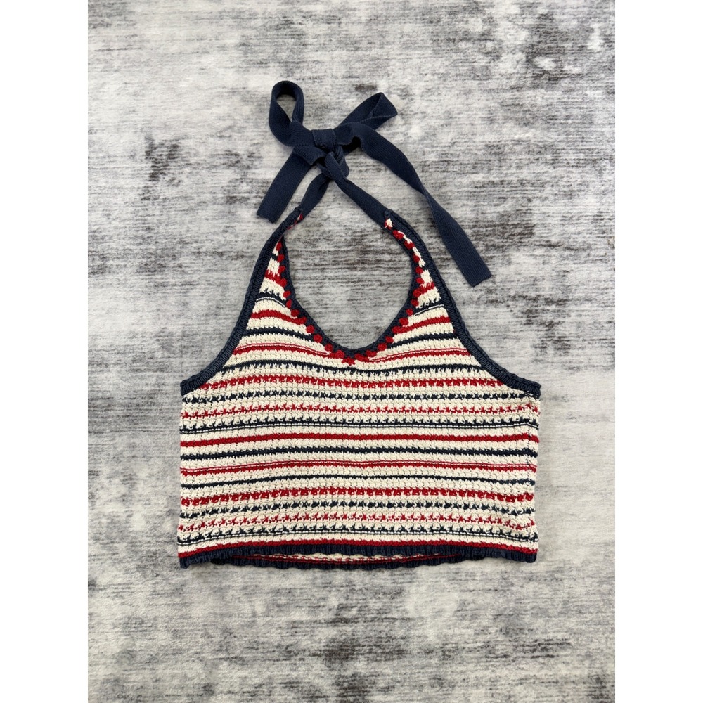 Moon & Madison Womens M Striped Crochet Halter Crop Top Navy Red Cream Festival